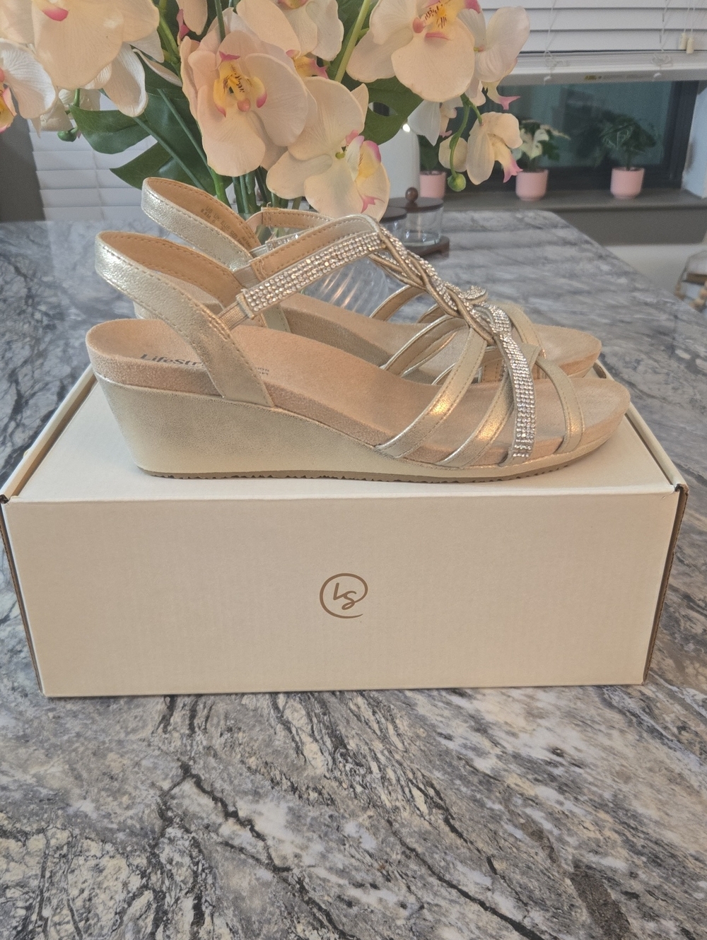 Gold Metallic Wedge Sandals with Rhinestone Straps